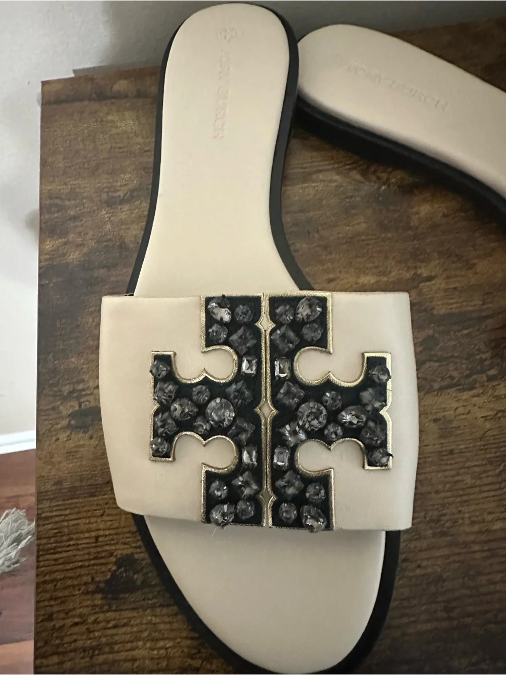 Tory Burch Cream Slide Sandals with Jeweled Logo